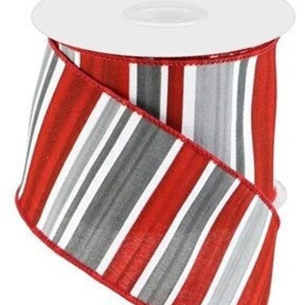 Multi Width Horizontal Stripe White/Grey/Red Wired Ribbon, Stripe Wired Ribbon, 2.5" X 10 Yards Ribbon, Alabama Wreath, Red, Gray Ribbon