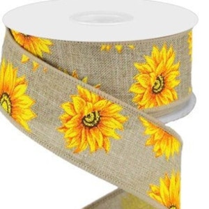 Sunflowers On Royal Burlap Beige Wired Ribbon, 1.5&quot;X10 Yds Ribbon, Fall Ribbon, Sunflowers, Wreath Supplies, Sunflower Ribbon, Beige Ribbon
