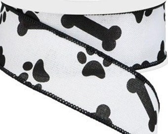 Dog White/Black Paw Bone Print Royal Wired Ribbon, 1.5" X 10 Yd Ribbon, Wreath Supplies, Wreath Ribbon, Dog, Paw Print Ribbon, Dog Wreath