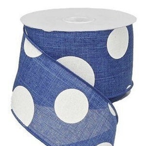 Royal Blue/White Large Multi Dots Wired Ribbon, Wreath Supplies, 2.5&quot;X10 Yards Ribbon, Polka Dot Ribbon, Blue/White Dot Ribbon, Patriotic