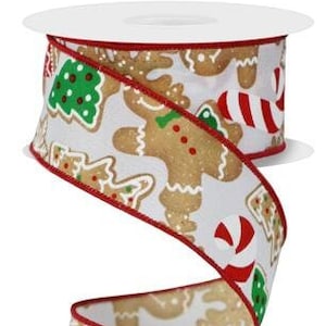 Gingerbread Cookie White/Brown/Emerald/Red Wired Ribbon 1.5&quot; X 10 Yards, Gingerbread Ribbon, Christmas Wired Ribbon, Christmas, Gingerbread