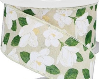 Magnolia Royal Wired Ribbon Cream/Yellow/White/Beige/Green 2.5" X 10 Yards, Magnolia Ribbon, Wreath Supplies, Ribbon For Wreath, Bows