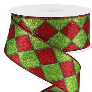 Harlequin Red/Lime/Emerald Glitter Wired Ribbon 1.5&quot; x 10 Yards, Harlequin Ribbon, Wired Ribbon, Christmas Ribbon, Red, Emerald Green, Lime