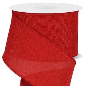 May include: Red burlap ribbon with a wired edge. The ribbon is 2.5 inches wide and has a subtle texture.