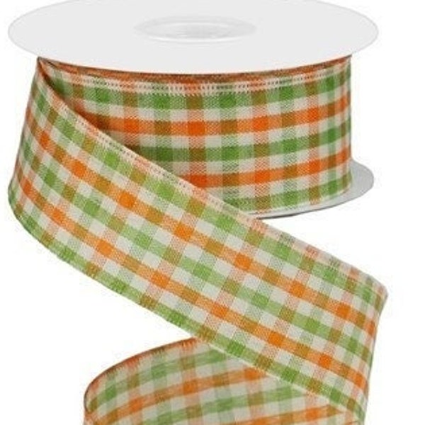 Gingham Woven Orange/Moss/Ivory Wired Ribbon, 1.5"X10 Yard Ribbon, Fall Ribbon, Check Ribbon, Wreath Supplies, Gingham Ribbon, Fall Wreath