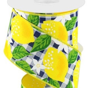 Navy Blue/White Gingham Check Lemon Ribbon 2.5&quot; X 10 Yards, Lemon Wired Ribbon, Navy Blue/White Gingham Check, Wreath Supplies, Lemons, Bows