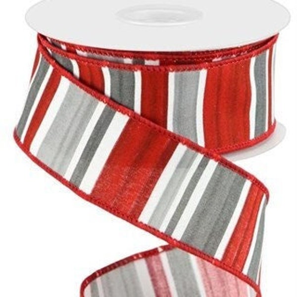 Multi Width Horizontal Stripe White/Grey/Red Wired Ribbon, Stripe Wired Ribbon, 1.5" X 10 Yards Ribbon, Alabama Wreath, Red, Gray Ribbon