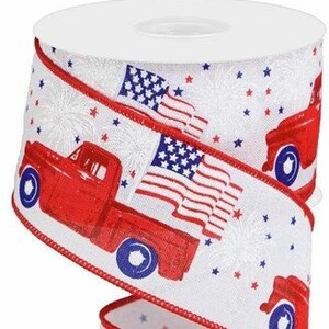 Patriotic Red Truck White/Red/Blue Royal Wired Ribbon, 2.5&quot; X 10 Yds Ribbon, Vintage Red Truck, July Fourth, Wreath Ribbon, Independence Day