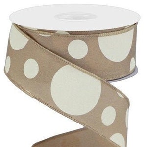Ribbon, Beige With Ivory Polka Dot Wired Ribbon, Wreath Supplies, 1.5&quot; X 10 Yds Ribbon, Polka Dot Ribbon, Bows, Ivory Dot Ribbon, Beige