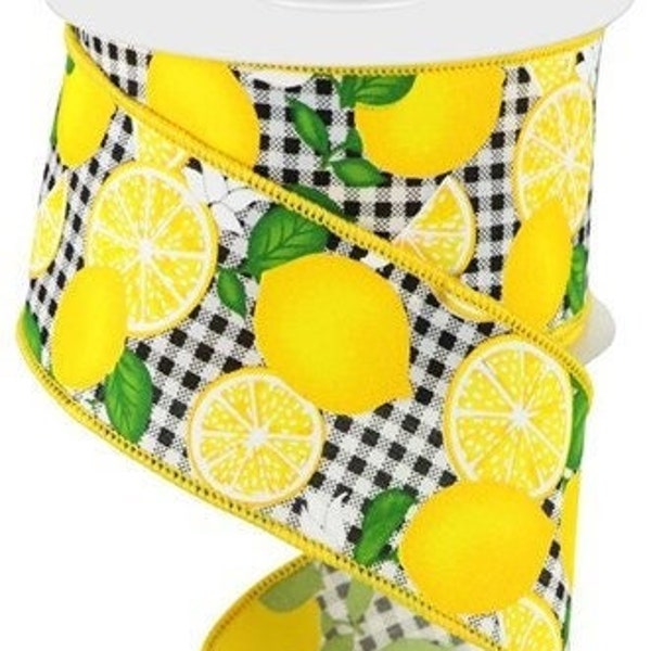 Lemon Slices/Lemon Check Wired Ribbon, Gingham Lemon Ribbon, Black/White Gingham Check, 2.5" X 10 Yds Ribbon, Wreath Supplies, Lemons, Bows