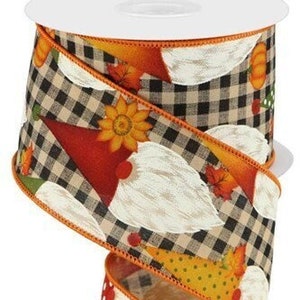Gnome And Pumpkins Check Wired Ribbon, Gingham Check Gnome Ribbon, 2.5&quot; X 10 Yards Ribbon, Pumpkin Ribbon, Fall Ribbon, Gnomes, Fall Gnome