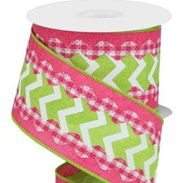 Gingham Ric Rac Chevron Lime/Hot Pink/Dark Pink/White Royal Wired Ribbon, 2.5" X 10 Yards Ribbon, Hot Pink, Lime Green, Chevron, Check, Bows