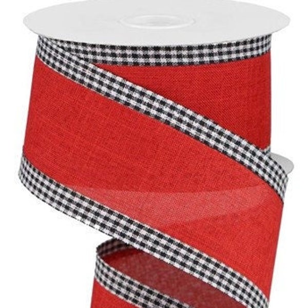 Red Royal Burlap Black/White Gingham Edge Wired Ribbon, Gingham Check, 2.5" X 10 Yards Ribbon, Wreath Supplies, Check, Red, White, Black