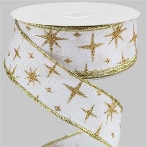 Retro Gold Stars White Royal Burlap Wired Ribbon, Ribbon, Christmas Wired Ribbon, 1.5" X 10 Yards Ribbon, Christmas, Gold, Bows, White/Gold