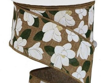 Magnolia Royal Wired Ribbon Tan/Yellow/White/Green 2.5" X 10 Yards, Magnolia Ribbon, Wreath Supplies, Ribbon For Wreath, Ribbon For Bows