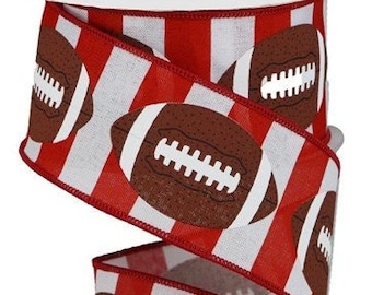 Brown Footballs Red/White Stripe Royal Wired Ribbon, Football Ribbon, 2.5 Inch X 10 Yard Ribbon, Sports Wreath, Football Wreath, Alabama
