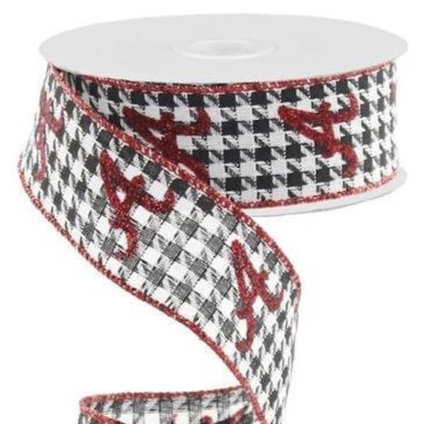 Alabama Red Glitter A Black/White Houndstooth Wired Ribbon, 1.5" X 10 Yards Ribbon, Wreath Supplies, Houndstooth Ribbon, Alabama Wreath, Red