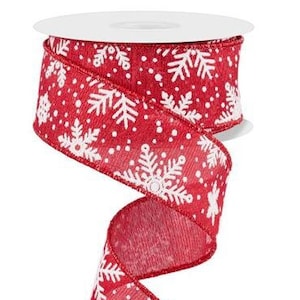 Multi Snowflakes Metallic Red/White Wired Ribbon 1.5&quot; X 10 Yards, Wreath Ribbon, Wreath Supplies, Christmas Ribbon, Snowflakes, Red