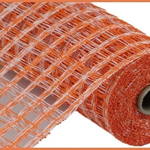 Orange/White Two Tone Check Poly Burlap Mesh 10 Inch, Orange/White Poly Burlap, Mesh For Wreaths, Wreath Supplies, Mesh, Orange Mesh