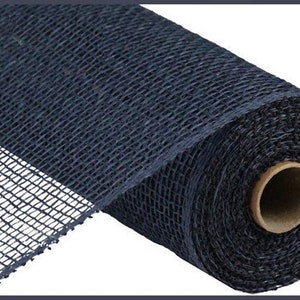 May include: A roll of navy blue deco mesh, a type of craft material used for decorating, with a woven texture.