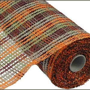 Stripe Check Poly Burlap Mesh 10 Inch Natural/Burg/Moss/Orange, Poly Burlap Mesh, Poly Burlap Mesh For Wreaths, Wreath Supplies , Fall Mesh