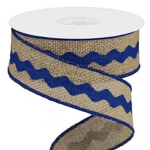 Burlap Navy Blue Ric Rac Natural Wired Ribbon, 1.5&quot; X 10 Yards Ribbon, Wreath Supplies, Wreath Ribbon, Bows, Ric Rac, Navy Blue, Natural