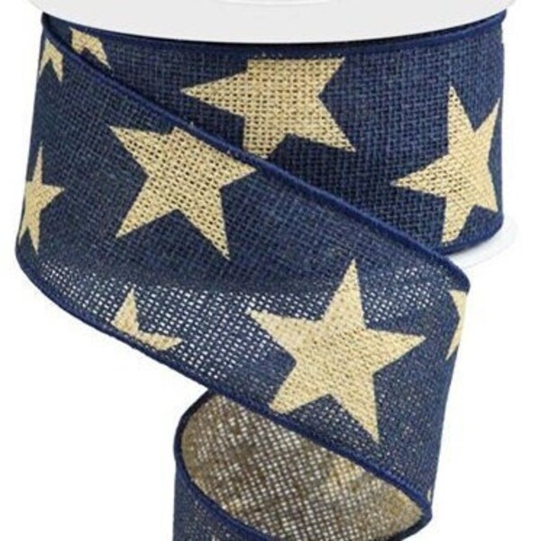 Large Beige Stars on Navy Faux Burlap Wired Ribbon 2.5" X 10 Yards, Wreath Ribbon, Wreath Supplies, Patriotic Ribbon, Stars, July Fourth
