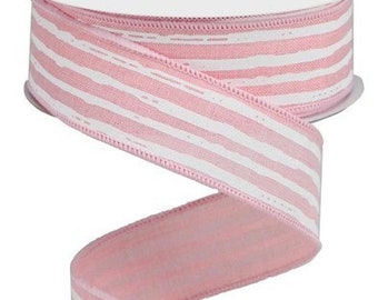 Pale Pink/White Irregular Stripe Royal Wired Ribbon, 1.5" X 10 Yds Ribbon, Baby Bow, Easter, Wreath Supplies, Wreath Ribbon, Spring Ribbon