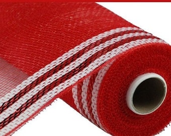 Red/White Border Stripe Metallic Deco Poly Mesh 10 Inch