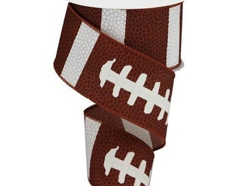 May include: Brown and white ribbon with a football design. The ribbon has a textured surface that looks like leather. The football design is white with white stitching.