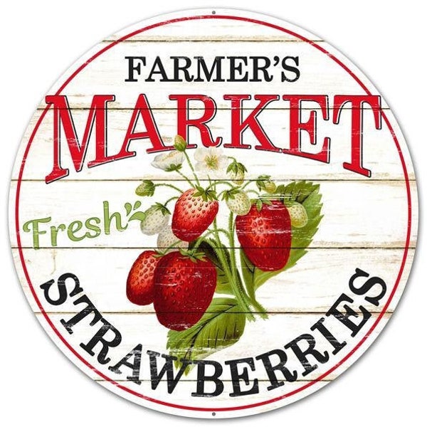 Strawberry Sign 12 Inch Metal Farmer's Market Fresh Strawberries, Strawberry Sign For Wreath, Metal Sign, Strawberries Sign, Strawberry