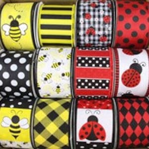 Ladybug/Bee Ribbon Assortment 12 Rolls Wired Ribbon 2.5&quot; X 10 Yards, Wreath Ribbon, Ladybugs, Bees, Polka Dot, Stripe, Diagonal, Harlequin