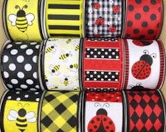 Ladybug/Bee Ribbon Assortment 12 Rolls Wired Ribbon 2.5" X 10 Yards, Wreath Ribbon, Ladybugs, Bees, Polka Dot, Stripe, Diagonal, Harlequin