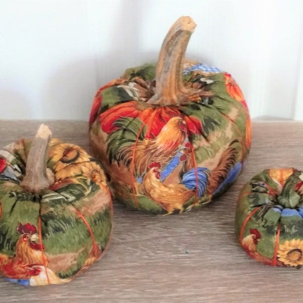 Fabric Pumpkins with Rooster Print, Rooster Decor, Farmhouse Decor, Fall Decor, Autumn, Pumpkin, Sunflowers, Fall, Fabric Pumpkins, Harvest
