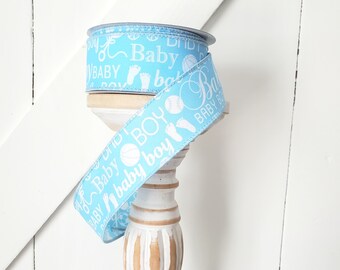 Baby Boy Light Blue/white Wired Ribbon 1.5