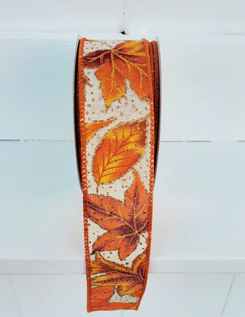 Fall Leaves with Glitter Dots Wired Ribbon Yellow/Orange/Brown/Gold 1.5" X 10 Yards, Fall Ribbon, Autumn Ribbon, Leaves, Fall, Wreath Ribbon image 2