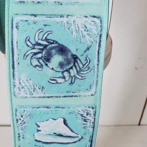 Coastal Blocks White/Blue/Turquoise/Seafoam Wired Ribbon 2.5&quot; X 10 Yards, Beach Ribbon, Starfish, Seashells, Seahorse, Wreath Supplies