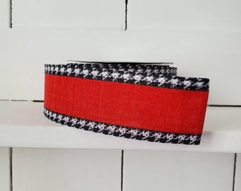 Red Royal Burlap Black/White Houndstooth Edge Wired Ribbon 1.5" X 10 Yards, Wreath Supplies, Houndstooth Ribbon, Alabama Wreath, Red