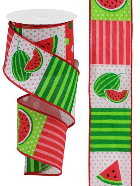 Watermelon Block Pattern Faux Royal Wired Ribbon, Watermelon