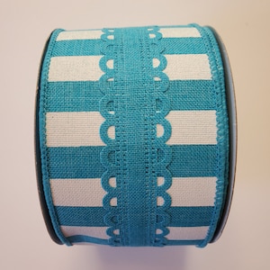 Turquoise/White Horizontal Stripe Turquoise Royal Lace Wired Ribbon 2.5&quot; X 10 Yards, Beach Wreath, Wreath Ribbon, Turquoise, Bows, Gift