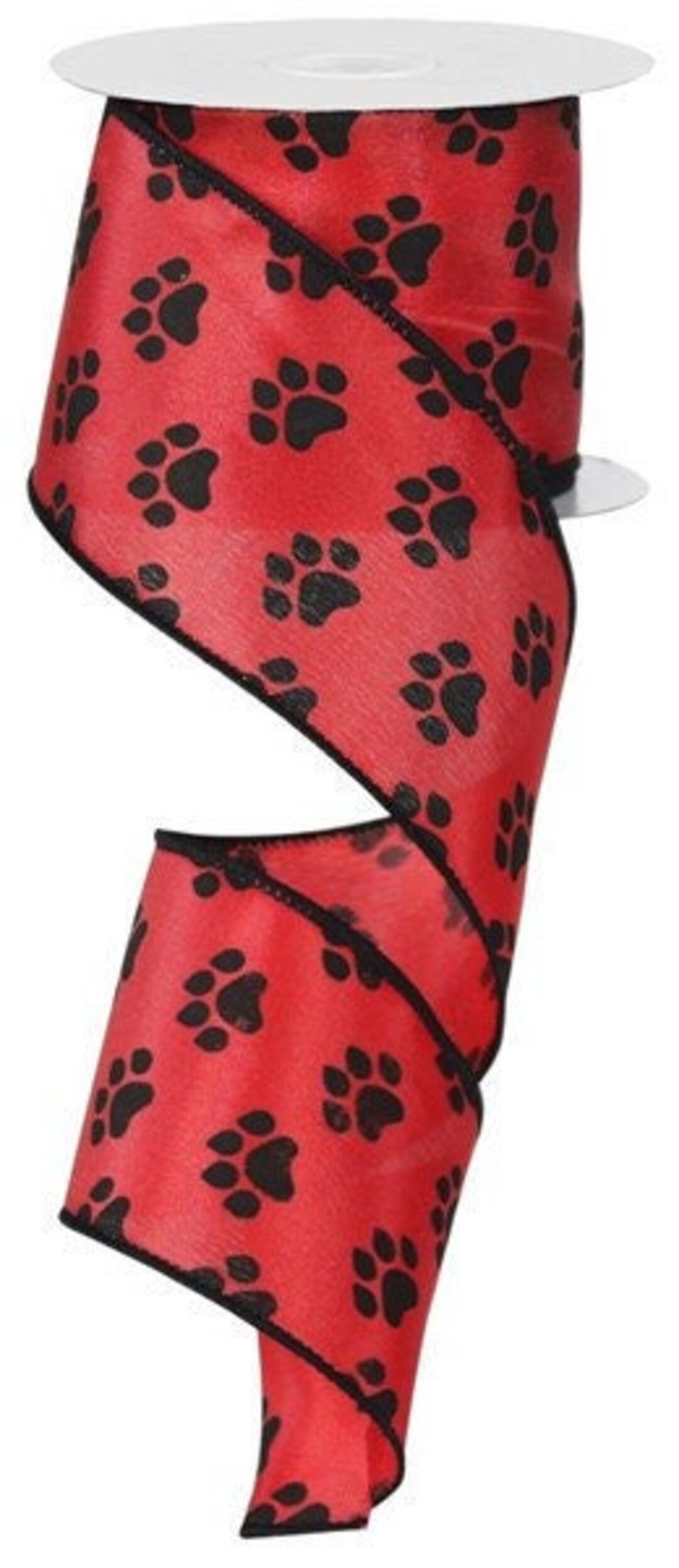 Dogpatch Ribbon Red With Black Paw Print Satin Wired Ribbon 2.5