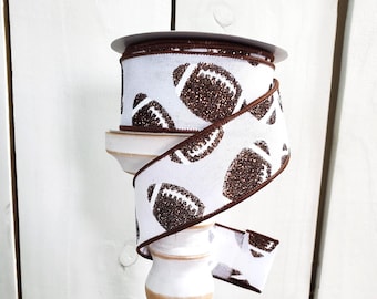 Glitter Footballs on White Royal Wired Ribbon 1.5" X 10 Yards, Wreath Supplies, Football Wreath Ribbon, Sports Wreath, Football, Bows, Fall