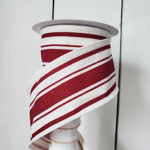 Farmhouse Stripe on Cotton Ivory/Burgundy 2.5&quot; X 10 Yards Wired Ribbon, Farmhouse Ribbon, Fall Ribbon, Stripe Ribbon, Burgundy Stripe, Bow