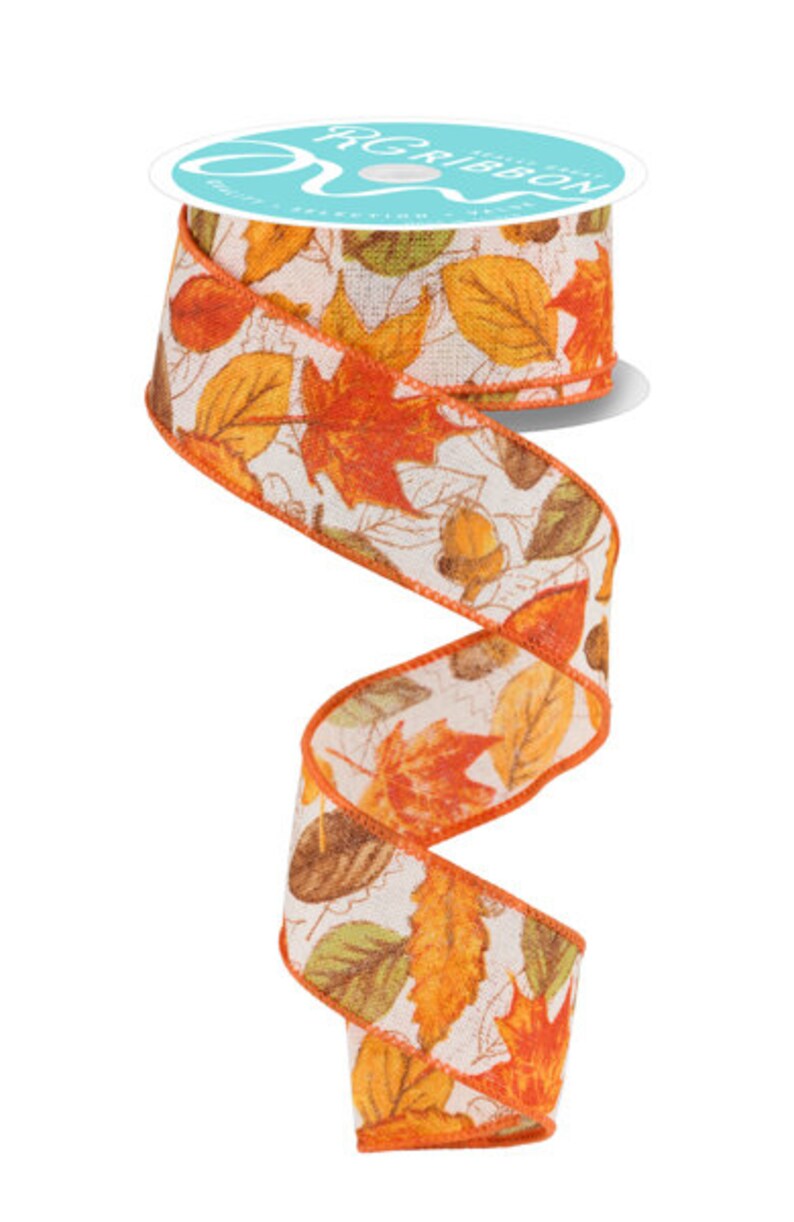 Floral Fall Ribbon Autumn Leaves and Acorns Wired Ribbon Ivory With Multi Fall Colors 1.5 ...