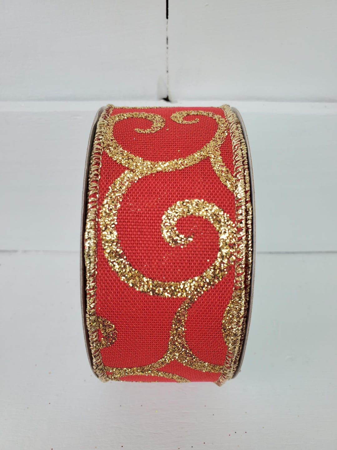 Red And Gold Patterned Ribbon Red With Gold Glitter Swirls Wired Ribbon 1.5