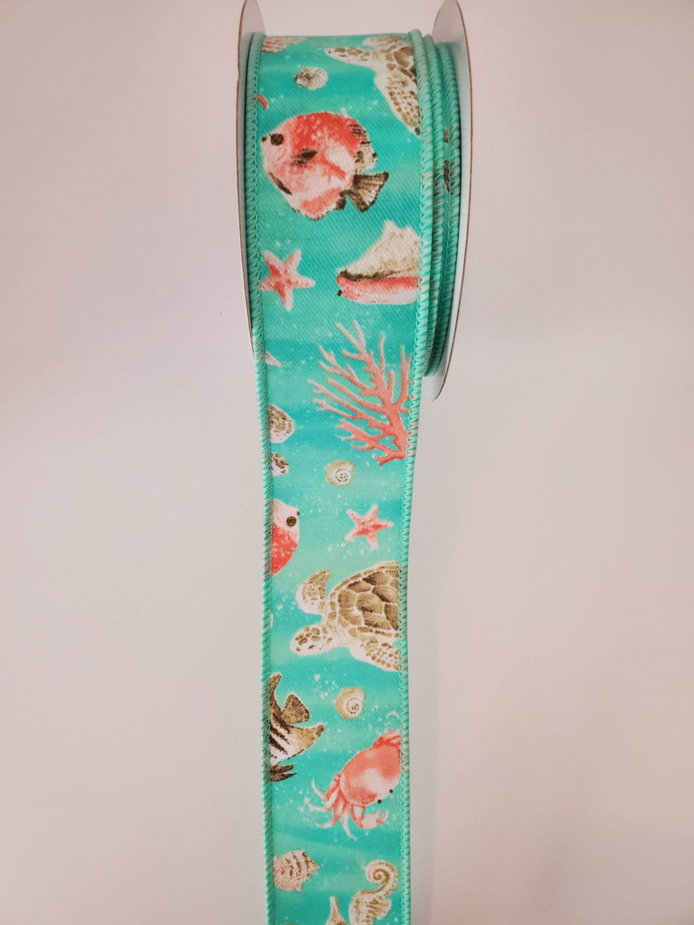 Ocean Ribbon Design Coastal Pattern Turquoise/coral/cream/seafoam Wired Ribbon 1.5
