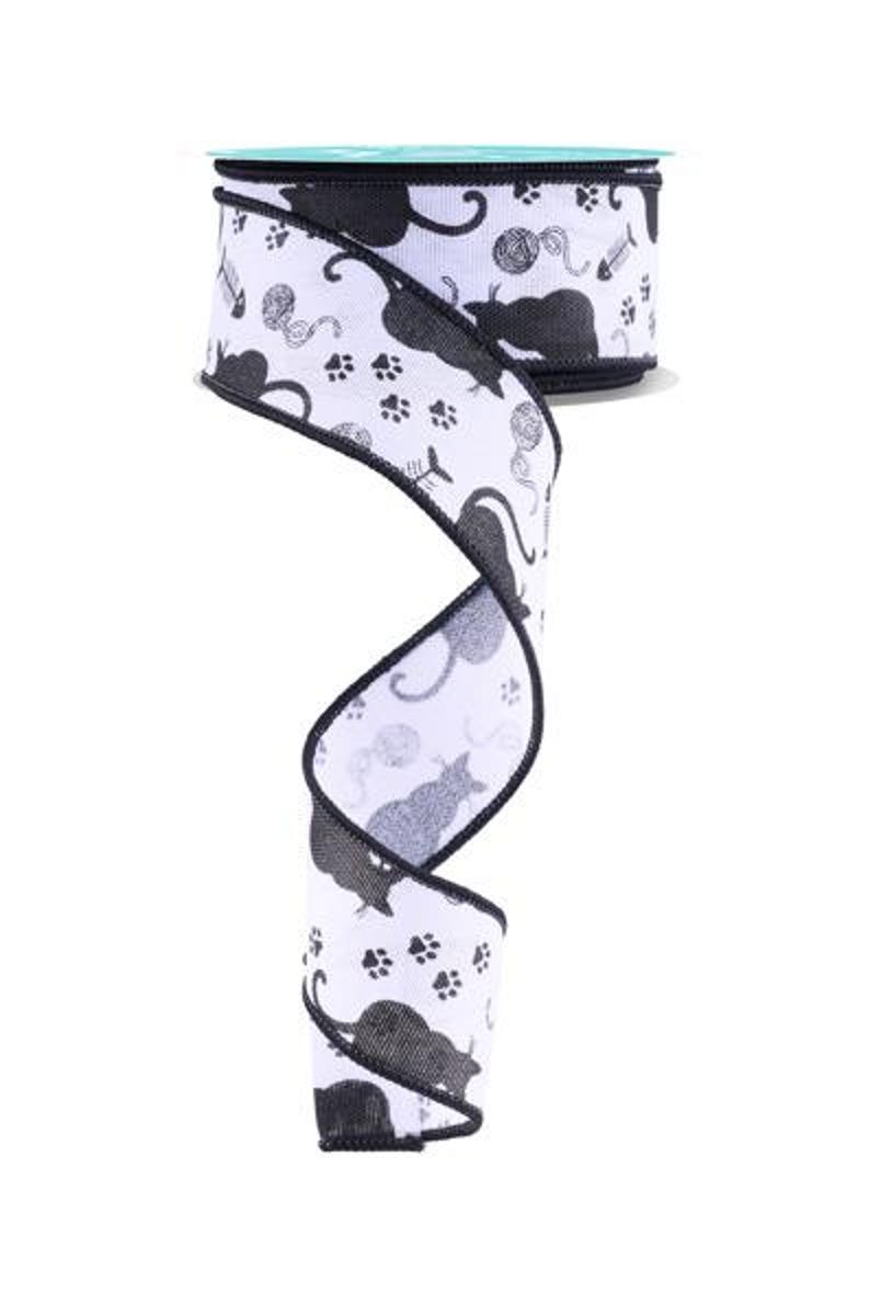 Black Cat Silhouettes With Paws/yarn/fish Bones on White Wired Ribbon 1 ...