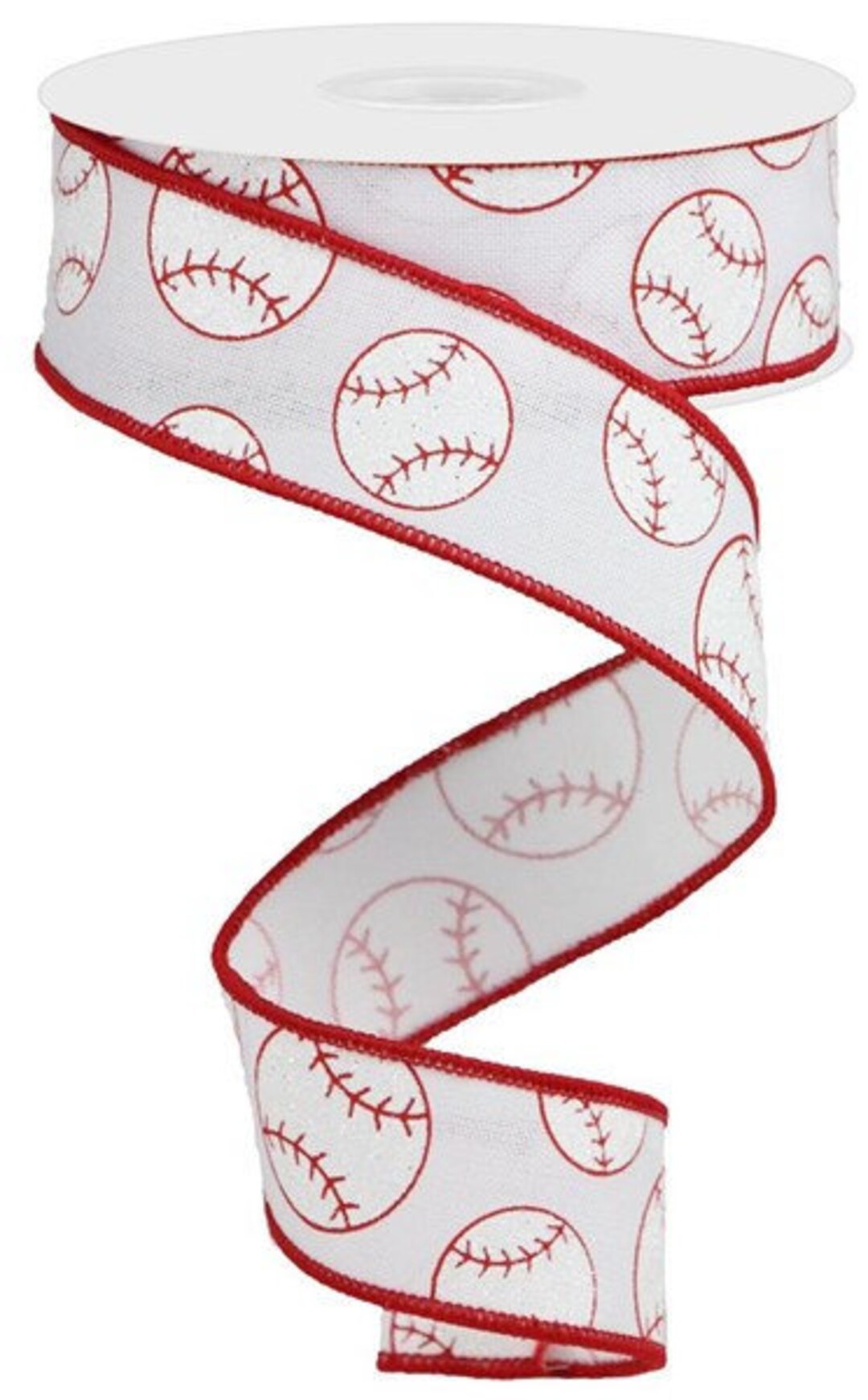 Baseball Glitter Wired Ribbon, Red Stitched Edge, 1.5