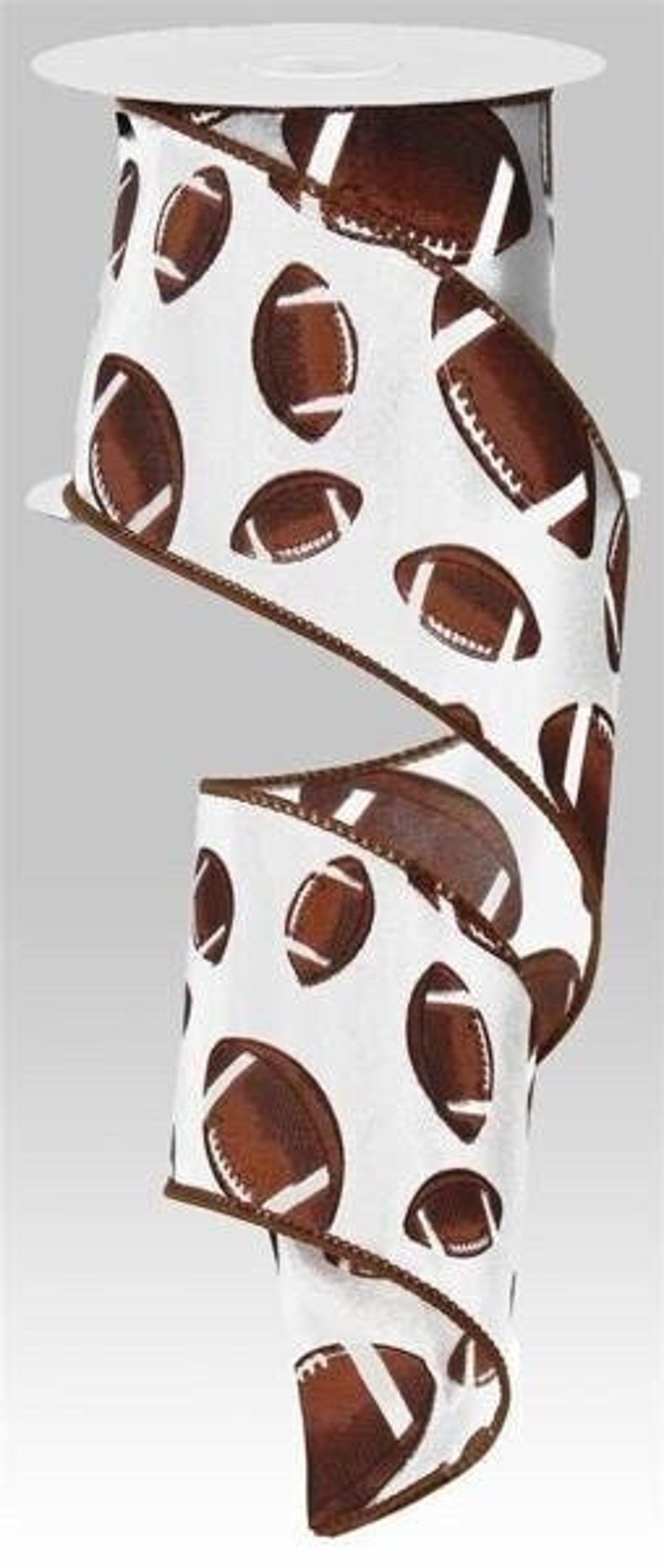 Brown Footballs White Satin Wired Ribbon, 2.5