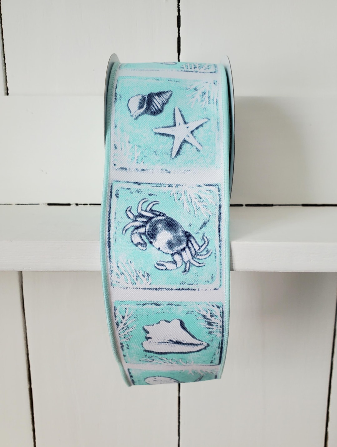 Coastal Block White/turquoise/blue Wired Ribbon 2.5